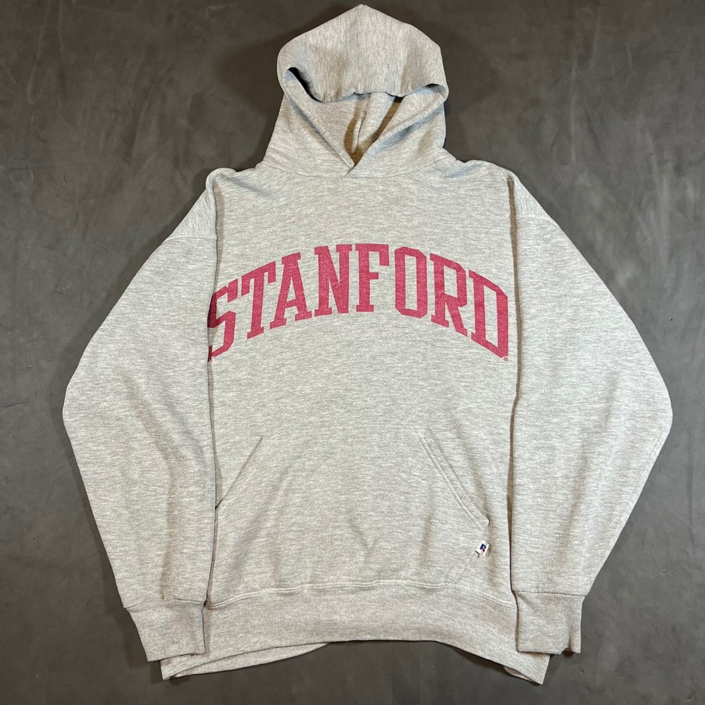 Vintage Stanford University Russell Arch Spell Out Pull Over Hoodie Grey Mens L